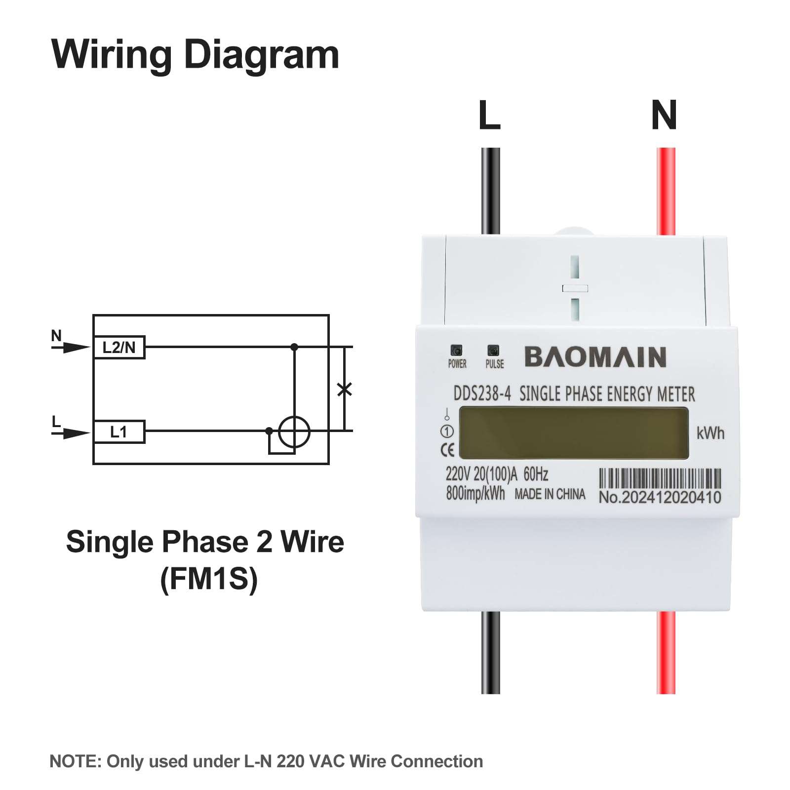 Baomain Single Phase Energy Meter 2 Wire 220V DIN-Rail Type Kilowatt Hour kwh Meter 60Hz 20 (100) A 6