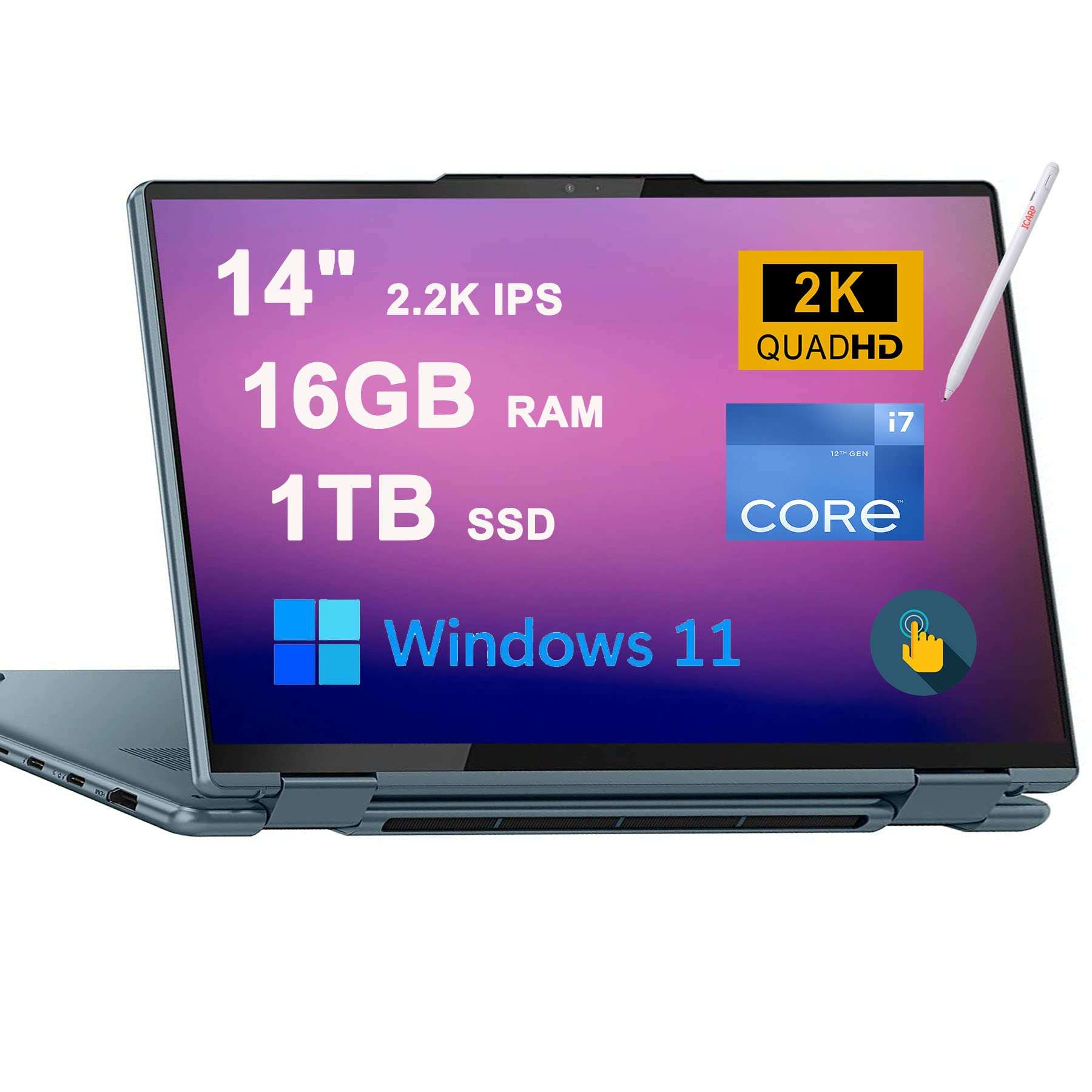 Lenovo Yoga 7i 14 2-in-1 Laptop 14" 2.2K IPS Touchscreen (100% sRGB, TÜV Low Blue Light) 12th Gen Intel 10-Core i7-1255U 16GB RAM 1TB SSD Backlit Fingerprint Thunderbolt Win11 Blue + Pen