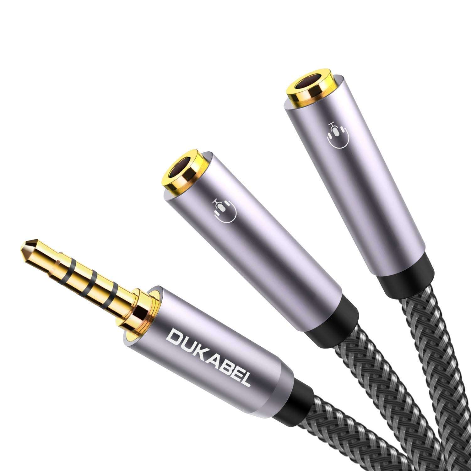 DUKABEL Headphone Splitter, Strong Braided & Gold-Plated 3.5mm Stereo Audio Y Splitter Cable 4-Pole Male to 2-Female Port Audio Stereo Cable Dual Headphone Jack Adapter Top Series 1