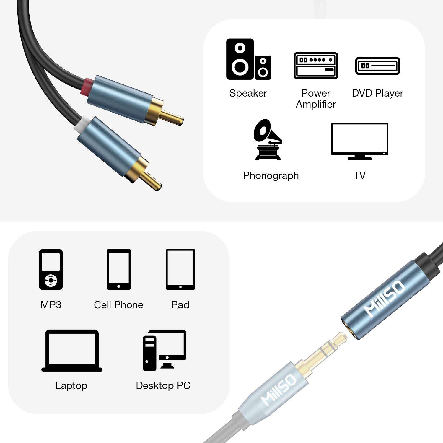 MillSO RCA to 3.5mm Female Adapter 3.5mm Female to 2 RCA Male Stereo Audio Cable TRS 1/8 Aux to Dual RCA Male Cable for Smartphone, Tablet, MP3, Speaker, Home Theater, Receiver, Mixer - 12 inch 4