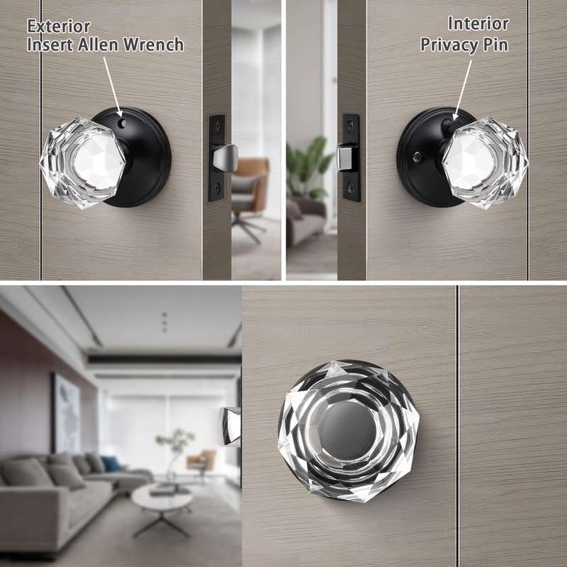 KNOBWELL 1 Pack Modern Globe Crystal Door Knobs with Lock, Frosted Glass Design, Privacy Function for Bed and Bath, Matte Black 2