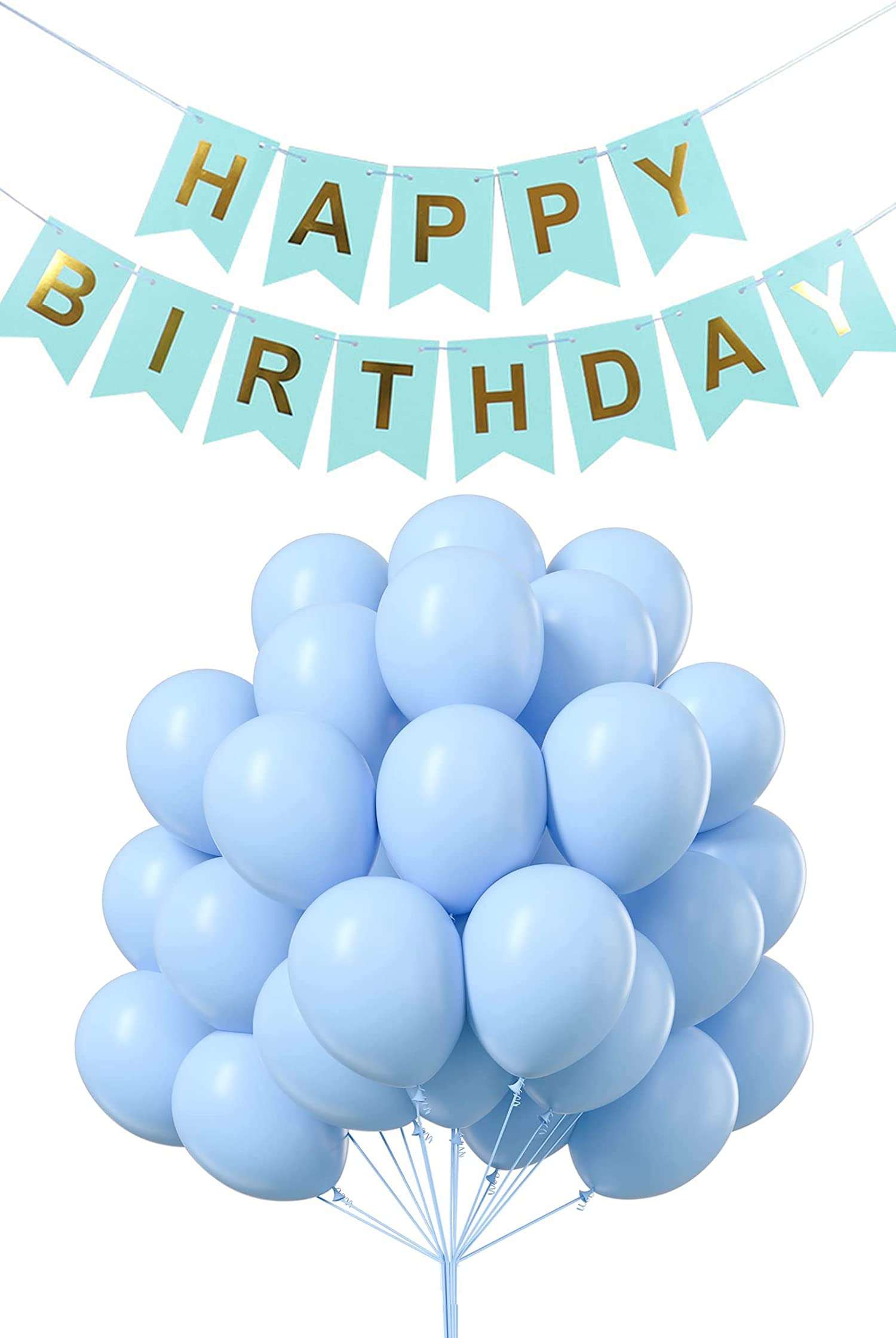 atorakushon Sky Blue and Golden Happy Birthday Paper Banner With 100Pc Sky Pastel Latex Balloons Decoration For Boys Girls Boyfriend Girlfriend Cuple Kids Birthday Celebrations Decorative Items Décor 1