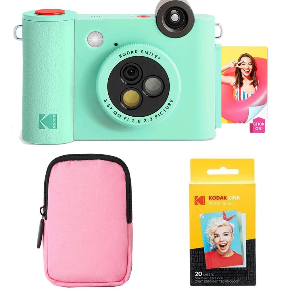 KODAK Smile+ 2-in-1 Digital Instant Print Camera & Wireless Bluetooth Photo Printer Starter Bundle + Soft Case + Zink 20pk Sticky-Back Photo Paper - 10MP, Special-Effect Rotating Lens - Green 2