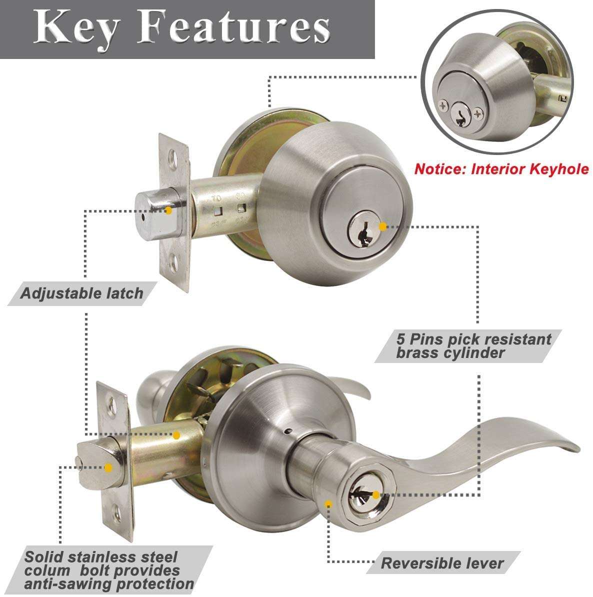 Probrico 2 Sets-Wave Style Entry Door Levers with Double Cylinder Deadbolts Combo Pack, Keyed Alike Door Knobs Exterior and Interior Lockset Leverset, Handleset for Front and Entrance Door 6