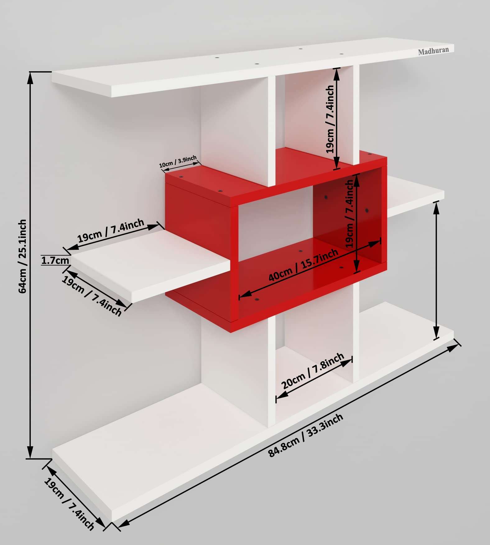 Madhuran Wooden Intersect Display Showcase Wall Mounted Shelves Color White Red 5