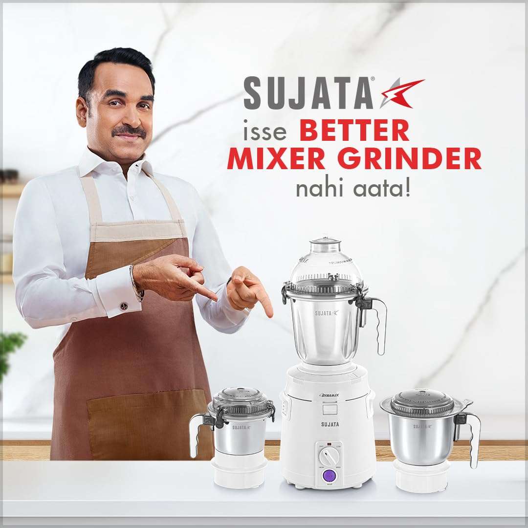 Sujata Dynamix Mixer Grinder|900 Watts Double Ball Bearing Motor|22000 RPM|Non-Stop 90 Mins Running|3 Food Grade Steel Jars - 1500ml Multipurpose, 1000ml Grinder, 500ml Chutney Jar|Black 6