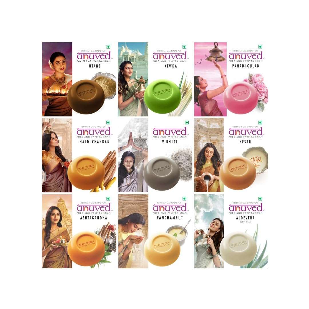Anuved Family Combo (Pack of 9) Herbal Soaps 125g each Chandanam, Kewda, Utane, Kesar, Panchamrut, Ashtagandha, Aloe Vera, Haldi Chandan & Pahadi Gulab with Sacred Indian Herbs,Enriched with Gangajal 1