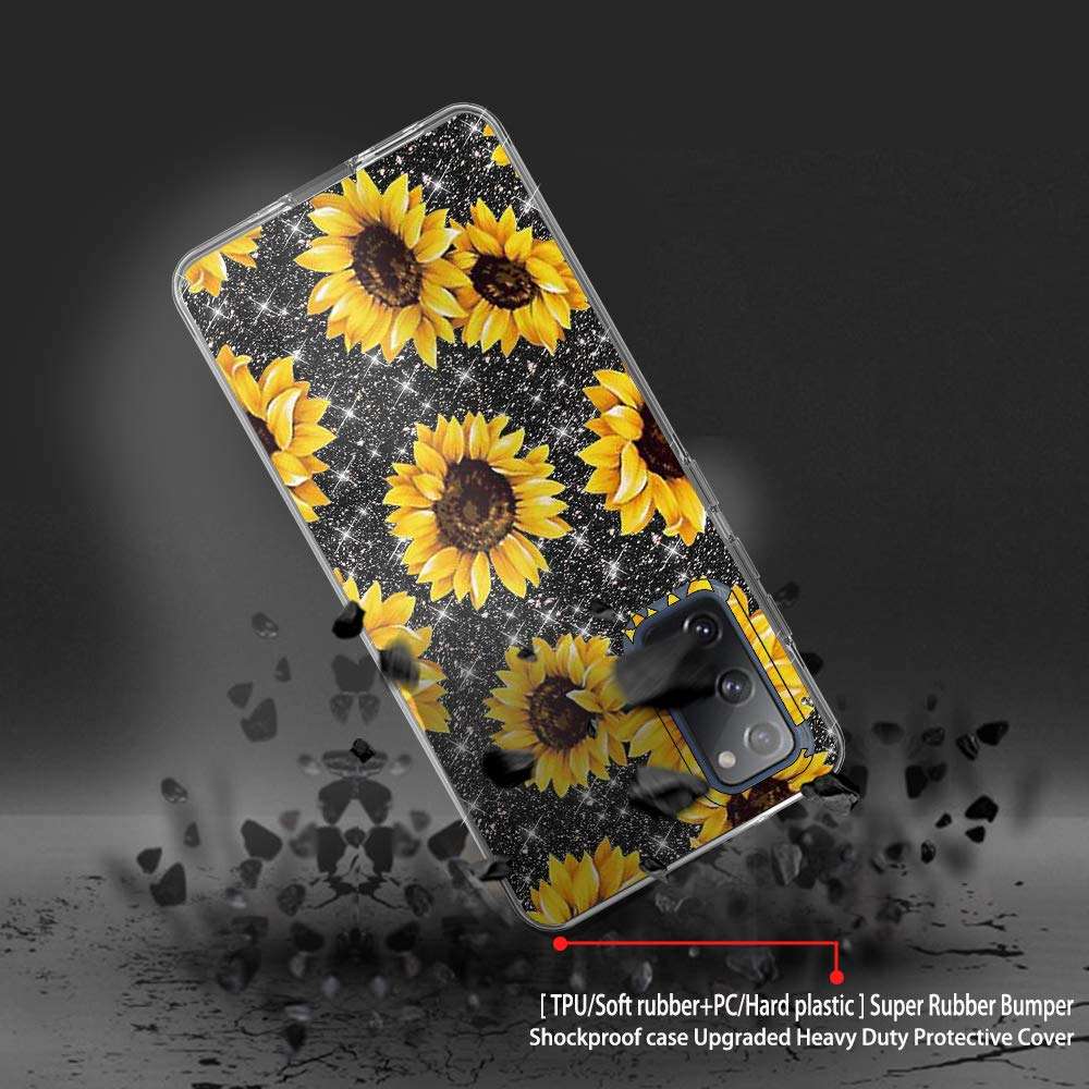 for Samsung S20 Fan Edition Case,Galaxy S20 FE Phone Case,DDTKZC Tempered Glass Protector Lustre Pattern-Sparkle 3 in 1 Clear Shockproof Case for Galaxy S20 FE (Yellow Sunflower) 5