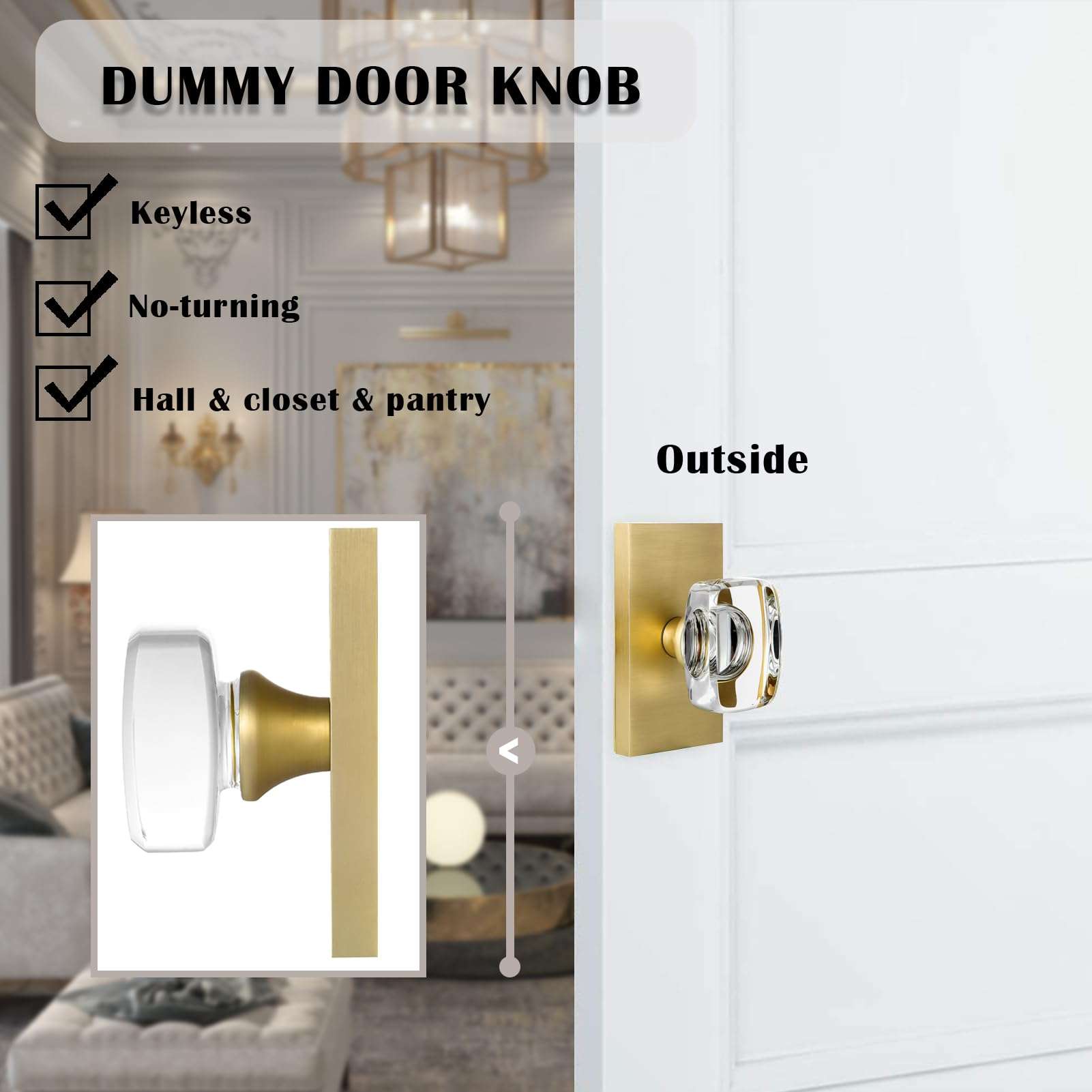 HIEMEY Satin Brass Crystal Glass Dummy Door Knob Interior, Gold Dummy Door Knob for Closet Hall Rectangular Single Side Non-Turning Inactive, 2 Pack 2