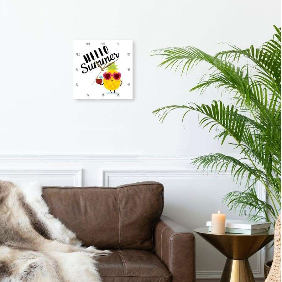 3dRose Wall Clock Silent - 10 inch - Hello Summer. Black Lettering with Cute Pineapple on White Background. - Stamp City - Typography 3