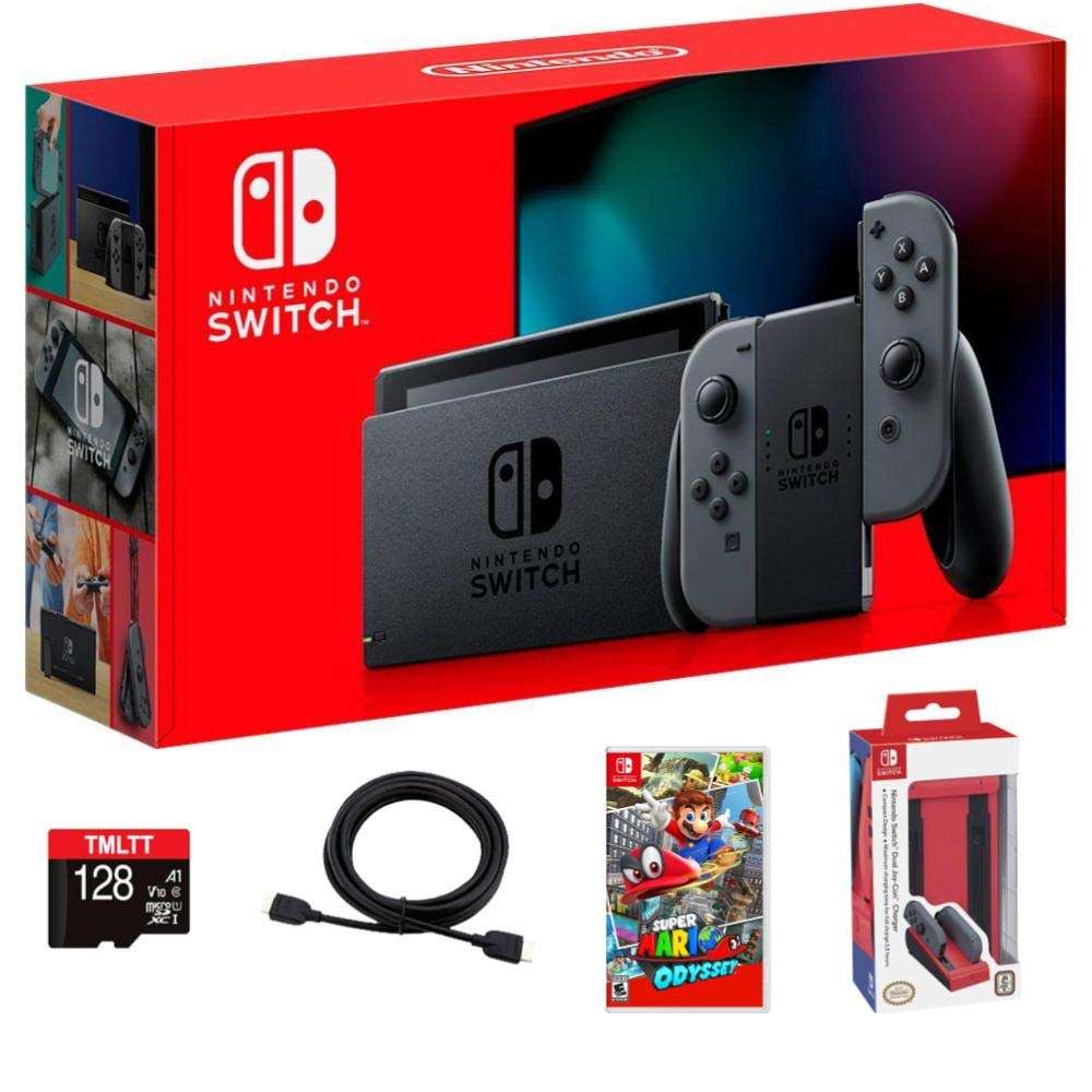 Nintendo 2020 Premium Switch 32GB Console Family Essential Bundle - Gray Joy-Con, Super Mario Odyssey, Red Dual Joy-Con Charger, TMLTT 128GB MicroSD Card, HDMI Cable