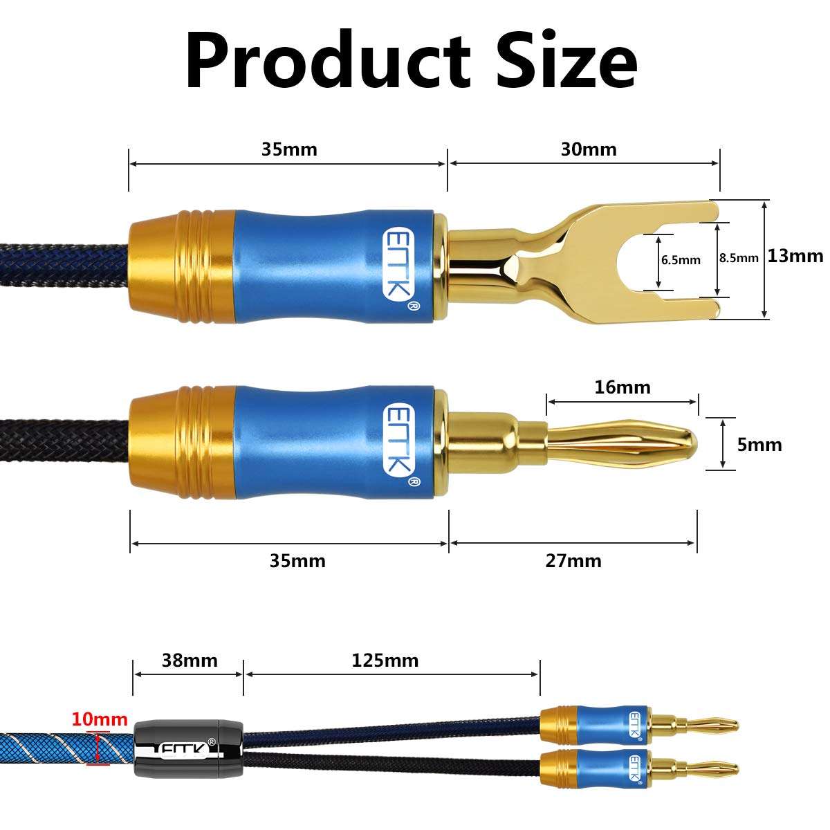 Speaker Cable,EMK 1 Pair Set[4 Spade Plug & 4 Banana Plug] OD10.0 Nylon Braided Jacket 16AWG HiFi Speaker Wire, 10Feet (Blue) 4
