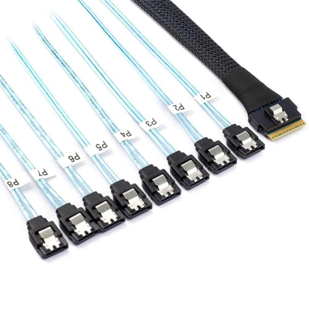 xiwai Slimline SAS 4.0 SFF-8654 8i 74pin Host Raid to 8 SATA 7pin Target Data Transmission Hard Disk Fanout Raid Cable 1-to-8 Splitter 1.0M