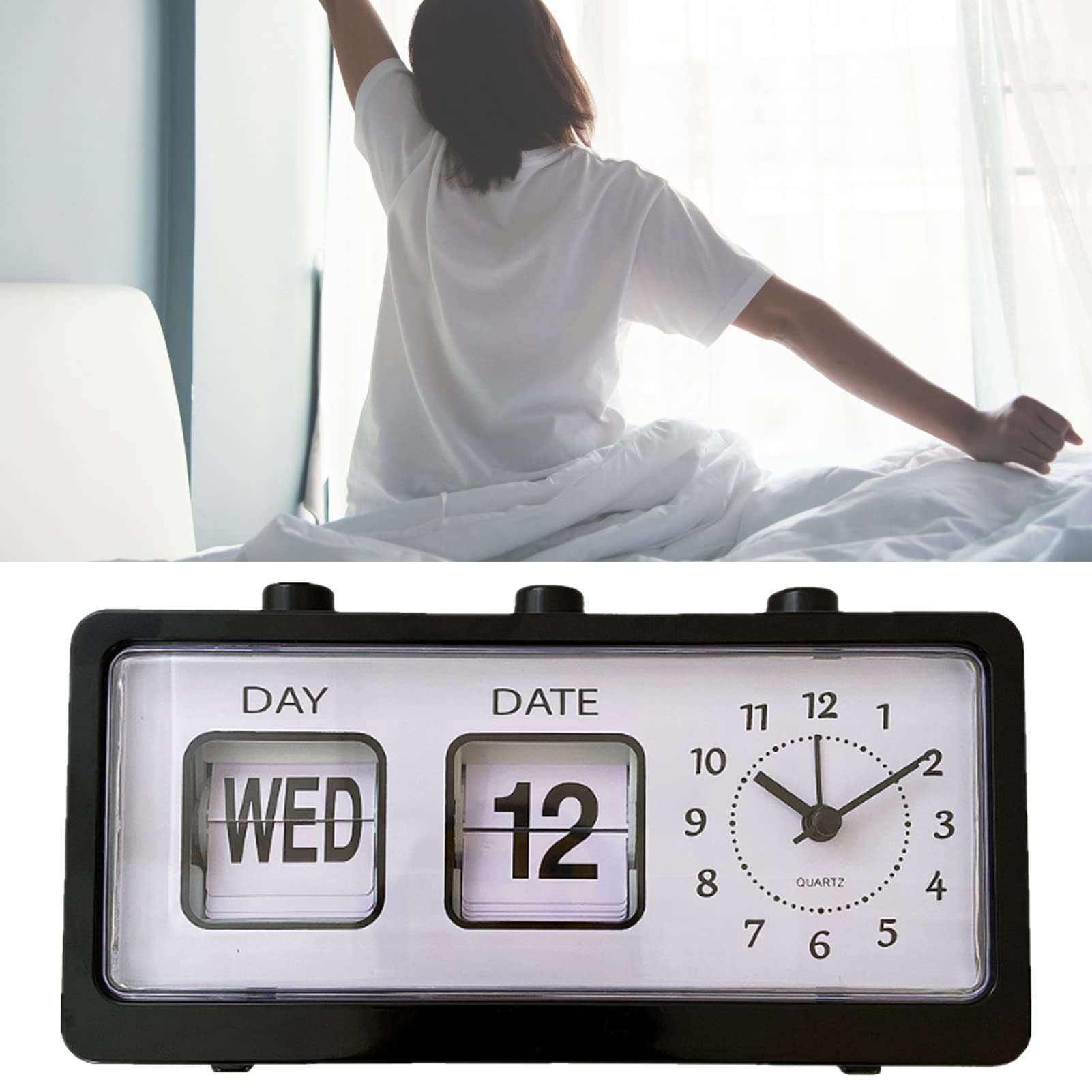 Fdit Manual Jump Calendar Alarm Clock, Manual Calendar Clock Table Stable for Office (Black) 3
