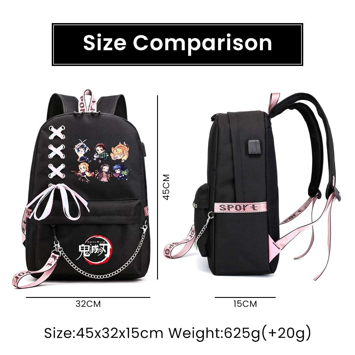 PALAY® Anime Backpack with USB Charging Port and Headphone Jack, Demon Slayer Girls Large Travel Backpack 14 Inches Laptop Bag Cartoon Anime Print Backpack School Gift for Kids (Black) 3