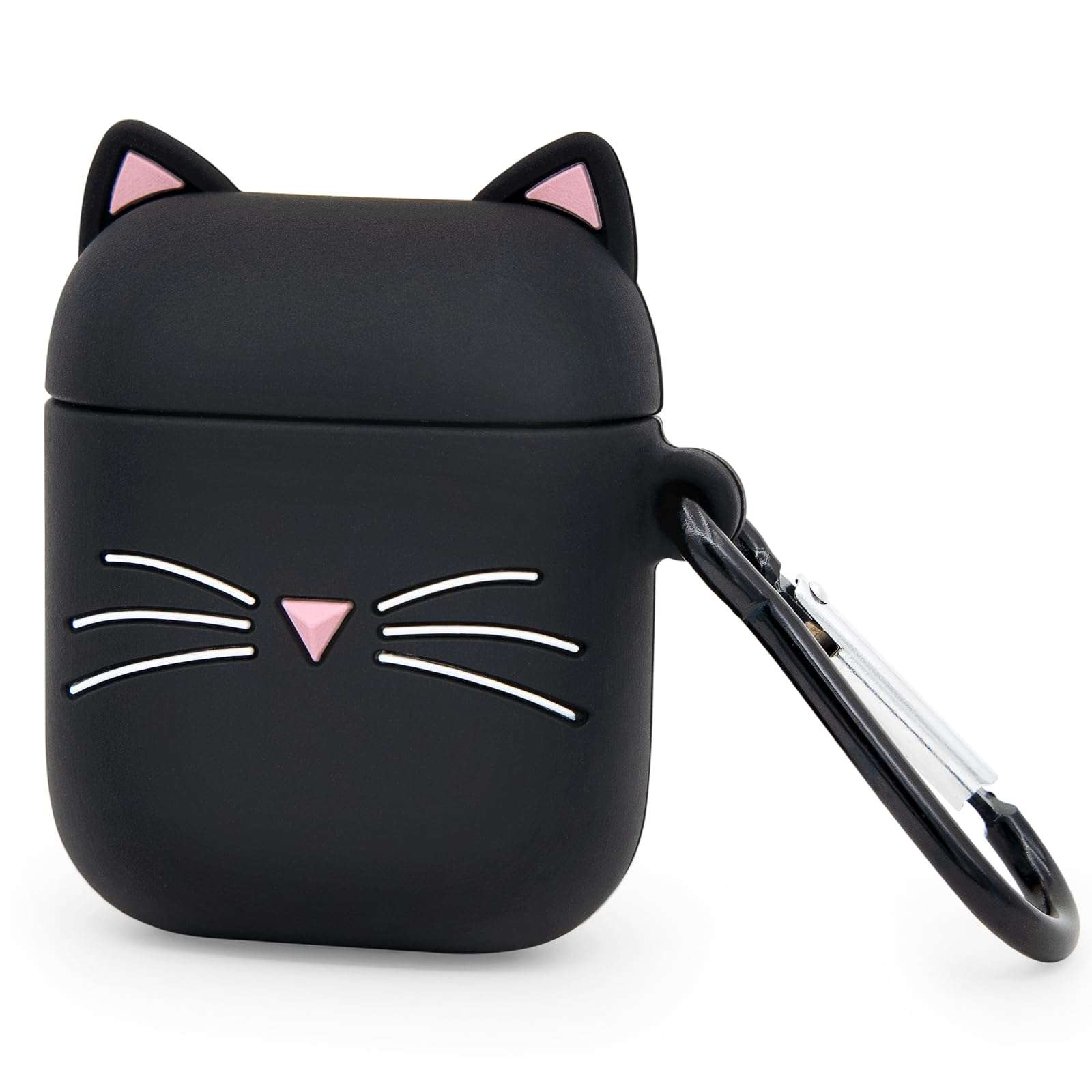 Megantree Cute Airpods Case, Airpods 2 Case, Black Whisker Cat Kitty Funny Kawaii 3D Cartoon Animals Full Protection Shockproof Soft Silicone Charging Case Cover with Keychain for Girl Women Kids 3