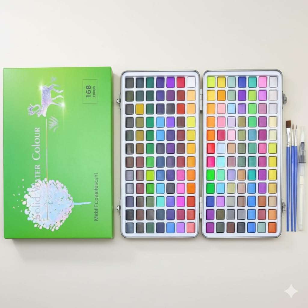 BOLT BEE Professional Watercolor Paint Set, Travel Palette Kit with Detail Brush, Art Supplies for Artists, Adults, Teens, Beginners (168) 1