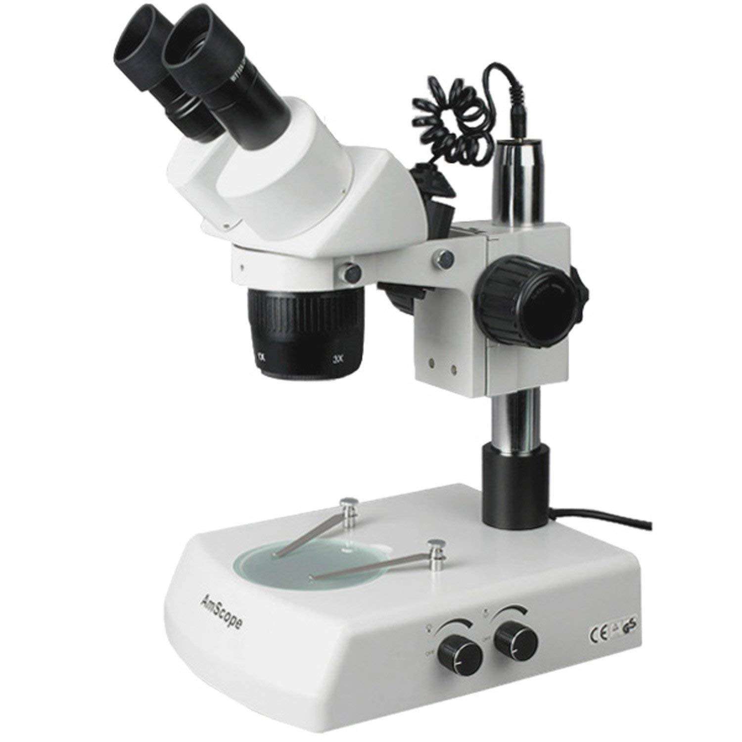 AmScope SW-2B13X Binocular Stereo Microscope, WH10x Eyepieces, 5X/10X/15X/30X Magnification, 1X/3X Objective, Upper and Lower Halogen Lighting, Pillar Stand, 110V-120V, Includes 0.5x Barlow Lens 1