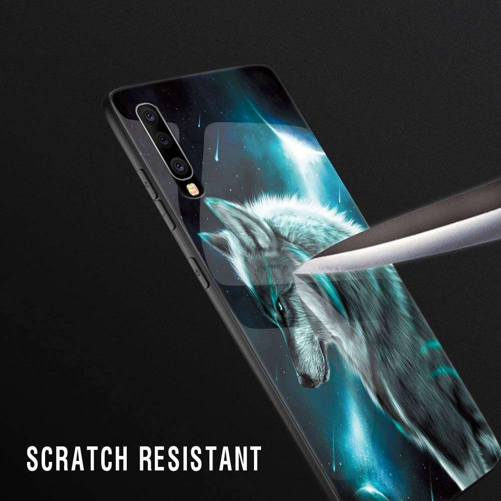 Eouine Samsung Galaxy A70 Case, [Anti-Scratch] Shockproof Patterned Tempered Glass Back Cover Case with Soft Silicone Bumper for Samsung Galaxy A70 Smartphone (Wolf 2) 2