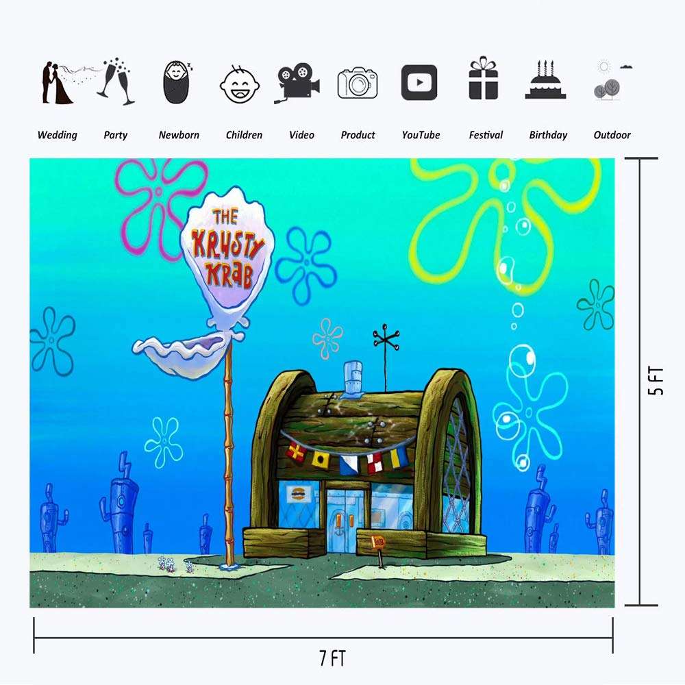 YouRan Spongebob Birthday Backdrop Under The Sea 7x5 Happy Birthday Spongebob Theme Background for Kids Party Supplies Vinyl Spongebob Backdrops Krusty Krab Backgrounds 3