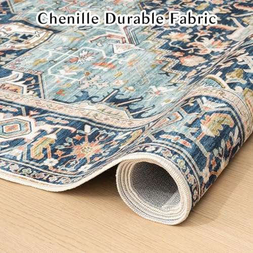 Vamcheer Washable Area Rug 5x7 - Ultra-Thin Classic Chenille Rugs for Living Room Bedroom Dining Room Traditional Carpet for Office Kitchen Non Slip Blue-Green Outdoor Vintage Rug 3