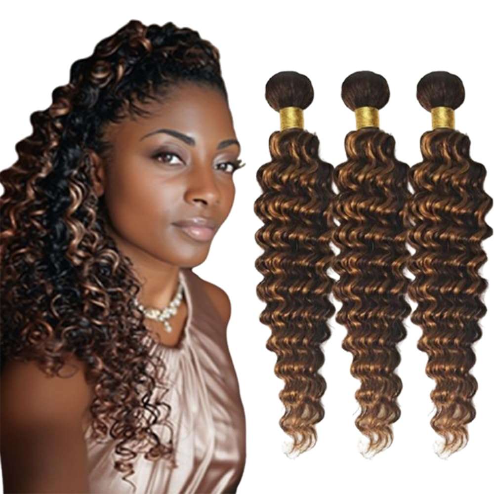 BilltiiWW Highlight P1B30 Deep Wave Bundles #1B Mixed With #30 Loose Deep Bundles two tone Brazilian Hair Wavy Weave With Soft and Silky for Women 10 12 14 Inch 1