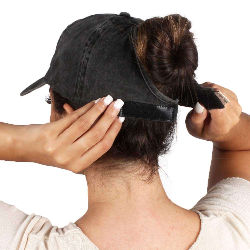 Ponyflo Cotton Ponytail Hat - Denim Black - Ponytail Caps for Women, Designed for Curly Hair, Curly Hair Ponytail Hat, Womens Baseball Caps Specifically Fit for Curly Hair 1