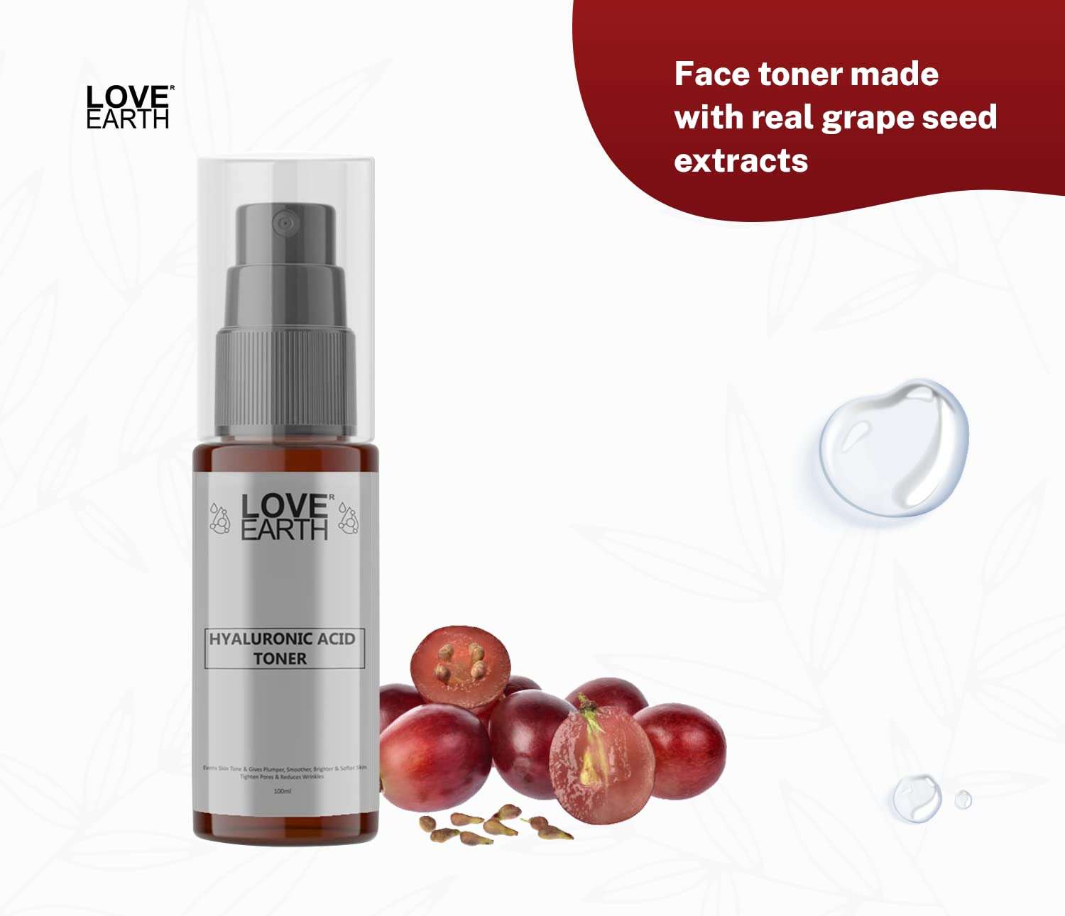 Love Earth Hyaluronic Acid Toner with Grape seed extract and Hyaluronic Acid for Wrinkle Free, Smooth and Glowing Skin 100ml 3