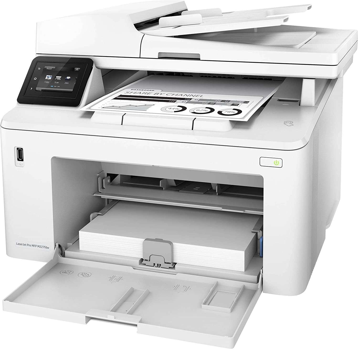 HP Laserjet Pro MFP M227fdw All-in-One Wireless NFC Monochrome Laser Printer - Print Scan Copy Fax -2.7" Touchscreen, 30 ppm, Auto Duplex Printing, 35-Sheet ADF, Ethernet, White, Cbmou Printer Cable 5