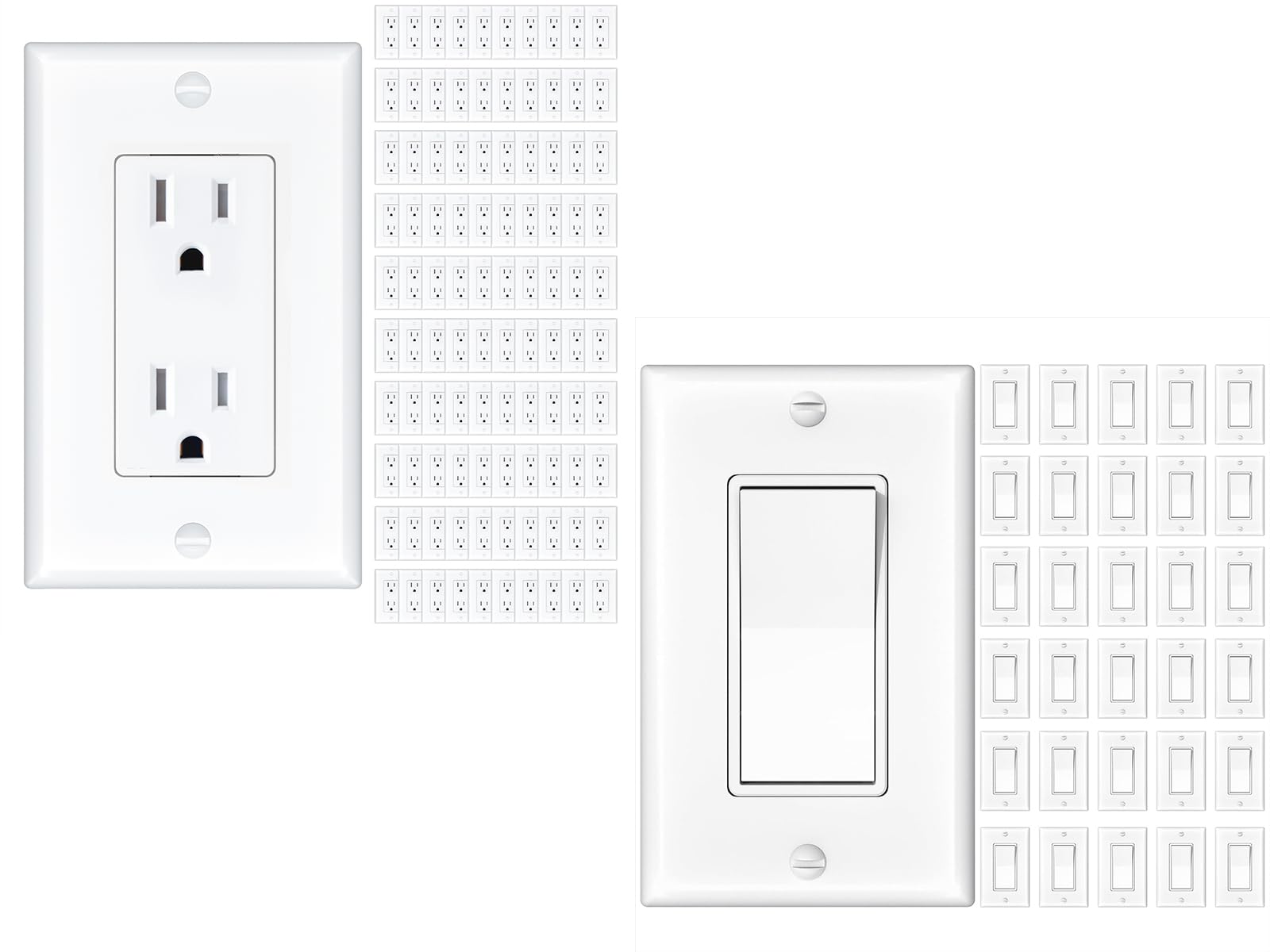 100 Pack 15A Wall Outlet, White Decorator Receptacle with Wall Plate & Amico 30 Pack Light Switch