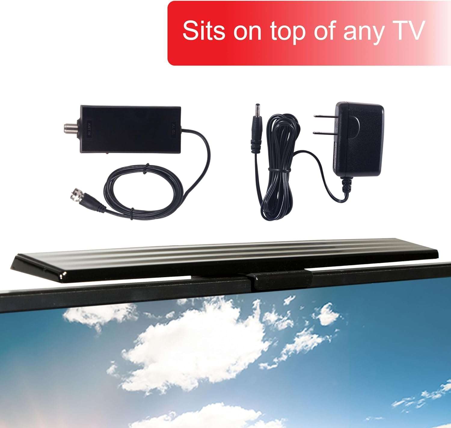 GE Amplified HD Digital TV Antenna, Long Range Smart TV Antenna, Easy Mount on Top of TV Design, Supports 4K 1080P HDTV VHF UHF, Indoor Amplified Signal Booster, 5ft Coax HDTV Cable/AC Adapter, 37075 2