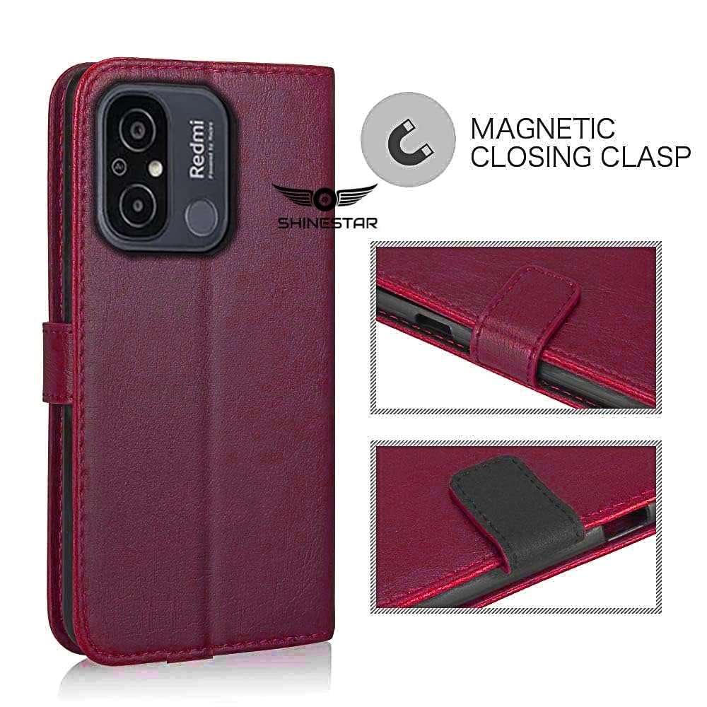 SHINESTAR Redmi 12C / Poco C55 Flip Back Cover | PU Leather Flip Cover Wallet Case with TPU Silicone Case Back Cover for Redmi 12C / Poco C55 - Blood Red 4