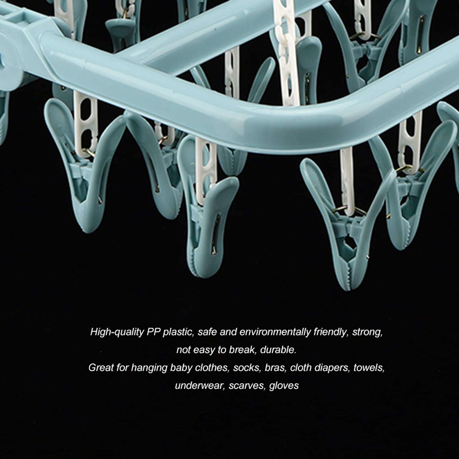 Laundry Hanger with 32 Clips, Foldable Laundry Clothespin Drying Rack, Non Slip Durable Hangers, Dresses Shirt Hangers for Home Closet Organization Use Socks Underwear Bras Scarf(Blue) 5