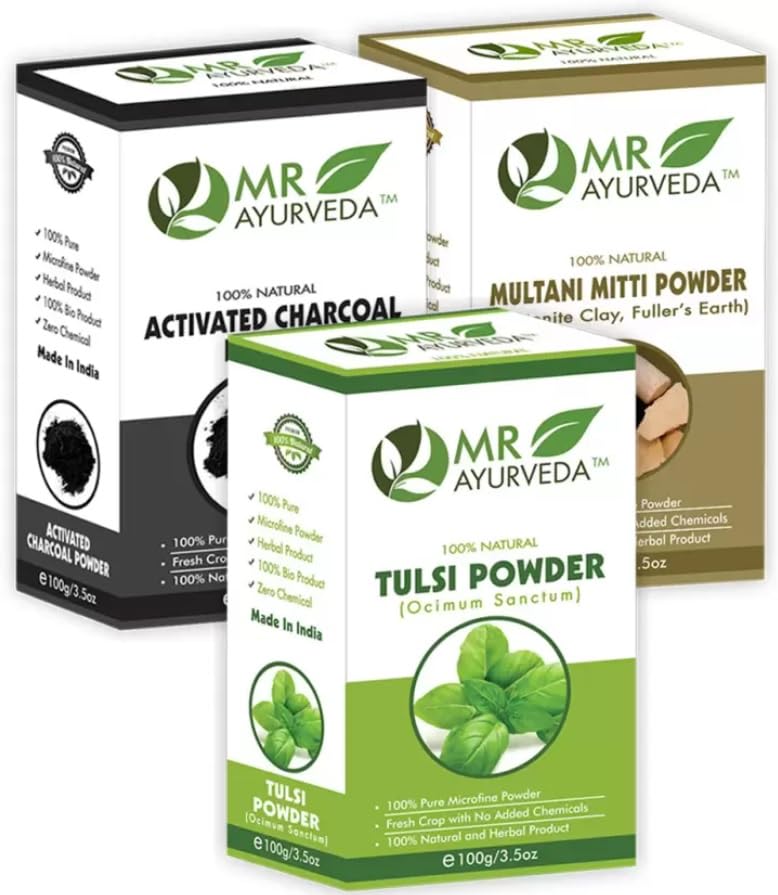 MR Ayurveda Multani Mitti Powder, Tulsi Powder & Activated Charcoal Powder -Set of 3 (100 Grams Each)