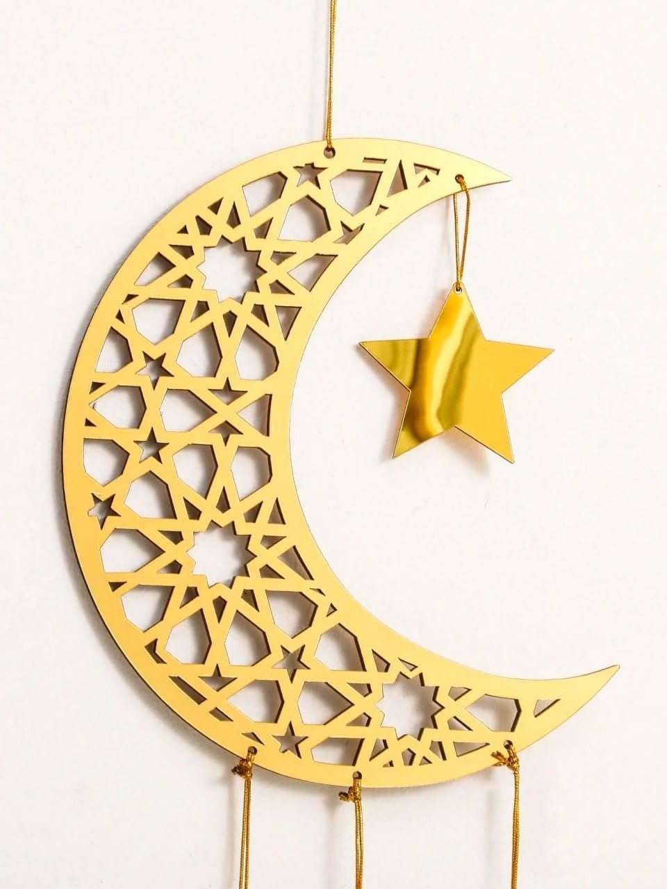 Curious Button Wooden Ramadan Kareem Hanging Decor Moon & Star | Islamic Wall & Door Hanging Pendant for Home | Ramadan & Eid Decoration Item | Gold Finish | 6.68x8.66 Inch 6