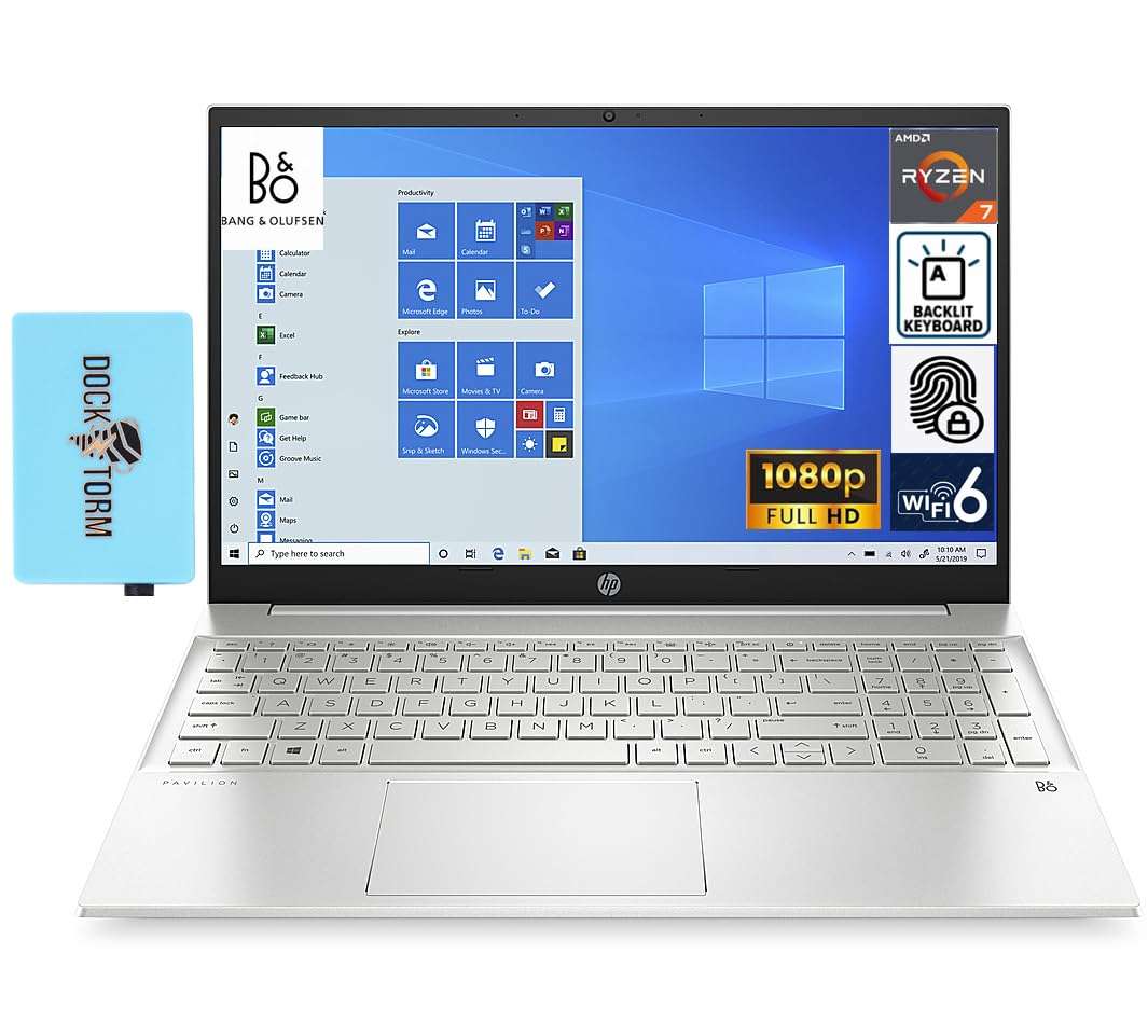 HP Pavilion 15.6" FHD IPS Display Laptop Audio by Bang & Olufsen (AMD Ryzen 7 5700U 8-Core, 64GB RAM, 1TB PCIe SSD, AMD Radeon, Backlit KYB, FP, WiFi 6, BT 5.2, HD Webcam, Win11P) w/Hub 1