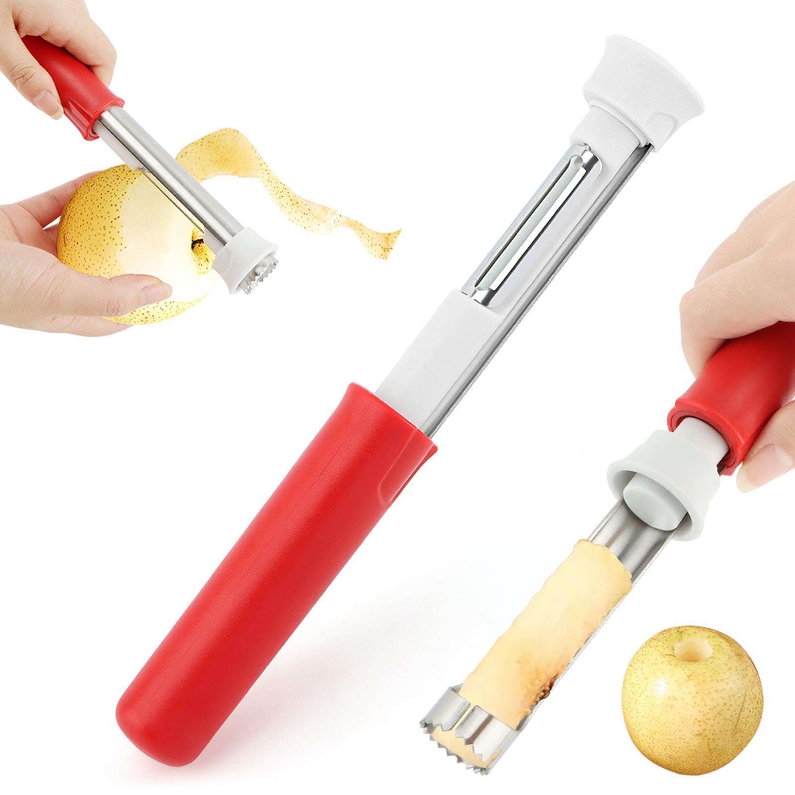 2 in 1 Fruit Corer and Peeler Tool,Telescopic Fruit and Vegetable Peeling Machine Stainless Steel Produce‌ Corer Tool for Bell Peppers Orange and Pears(Red)