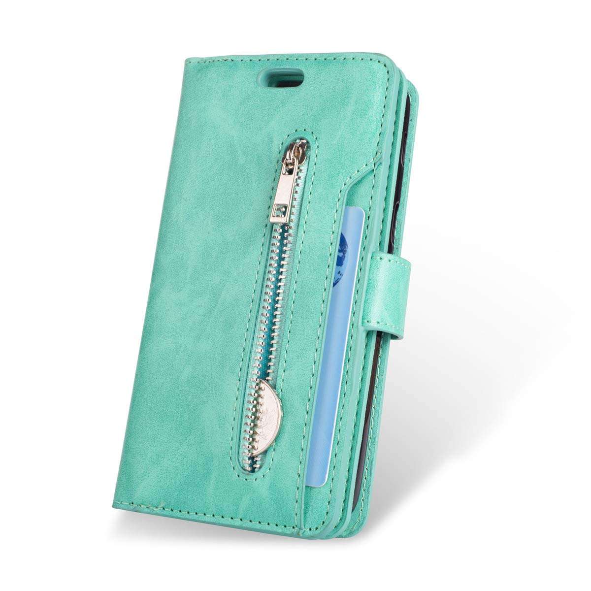 for Samsung Galaxy J7 (2018) 5.5" Leather Case [Vintage Zipper] Multiple Magnetic Folio Flip Leather Wallet, Flip Kickstand Case Purse, Changepocket, Cash Credit Card Holder Slot, Handbag Wrist Strap 3