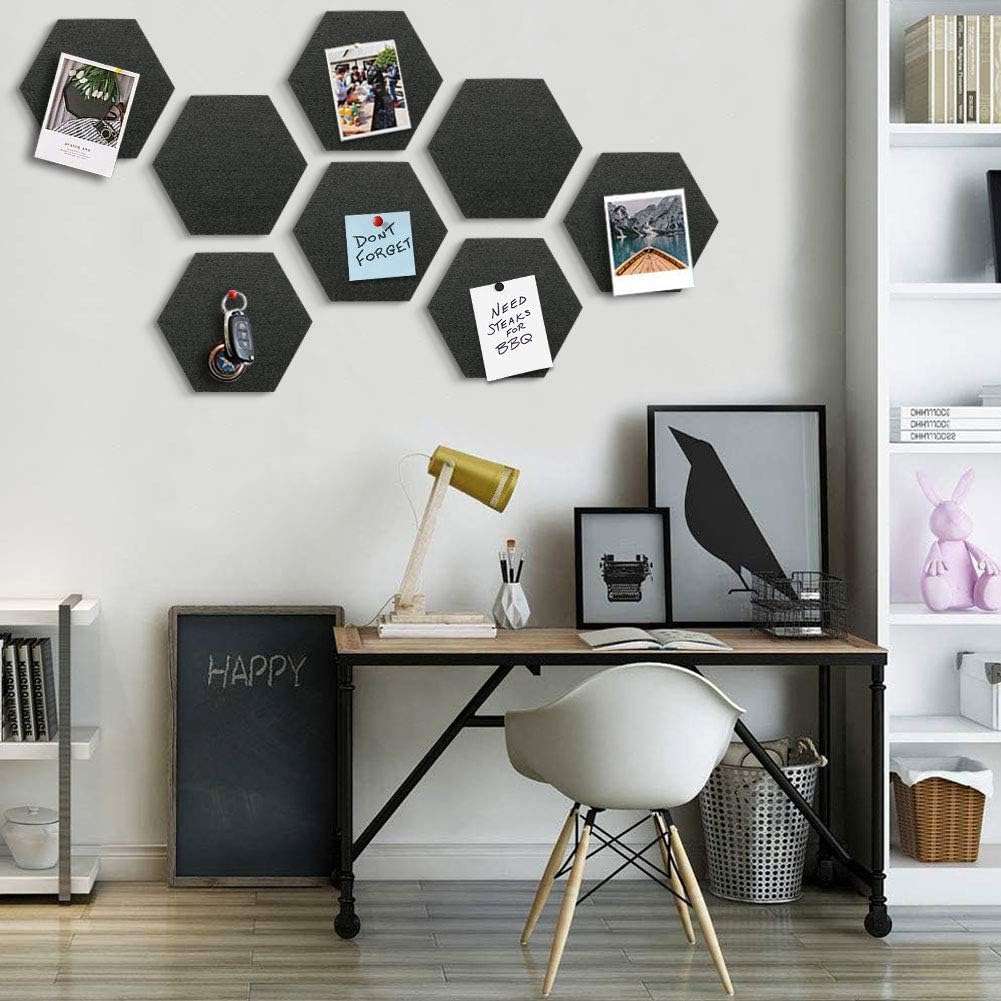BOSSNUOK Hexagon Felt Bulletin Board, Self-Adhesive Wall Boards with 35 Push Pins, Decorative Felt Message Boards for Notes, Photos, Office & Home Decor, 8Pcs 200×174×6mm (Black) 3