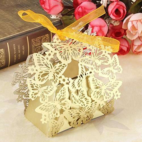 50pcs Party Wedding Favor Candy Box With Ribbon Laser Cut Gold Butterfly Chocolate Gift Boxes Bonbonniere for Birthday Bridal Shower Valentine's Day Christmas Decoration