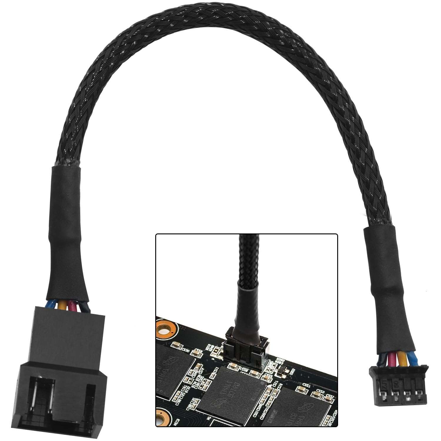 LUORNG 2PCS Black Braided Mesh Fan Cable Graphics Card PWM Pure Copper Fan Adapter Cable 4Pin to Universal 3Pin 4Pin 15cm Long Fan Adapter Cable 5