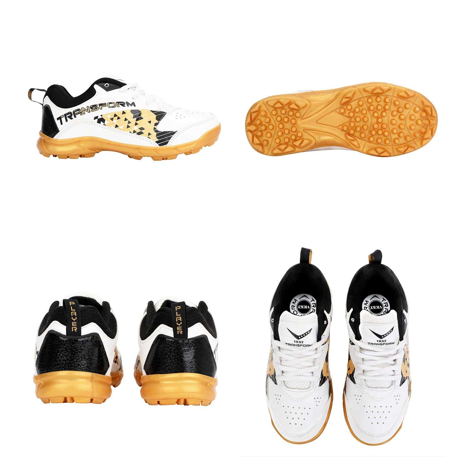 Vicky Transform Player Cricket Shoes Lightweight Sneakers with Anti Slip Sole Design Ideal for Running, Camping, Gyming (UK-8, Golden/White) 4