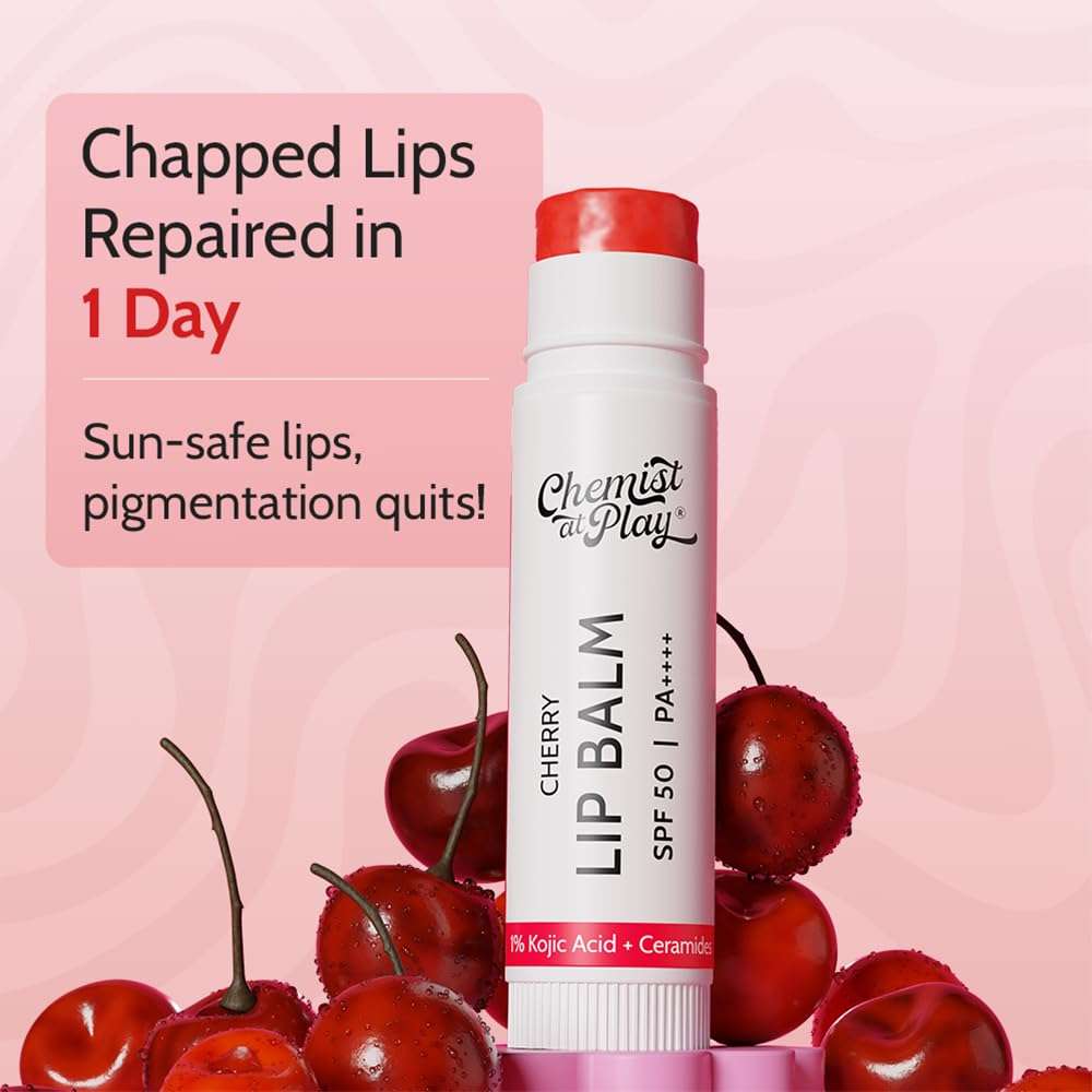 Chemist At Play Tinted Cherry Lip Balm with SPF 50 PA++++ | Moisturising Lip Balm for Daily Use | Repairs Chapped & Dry Lips | Brightens Dark Lips | 1% Kojic Acid | For Men & Women | 4.5 g 3
