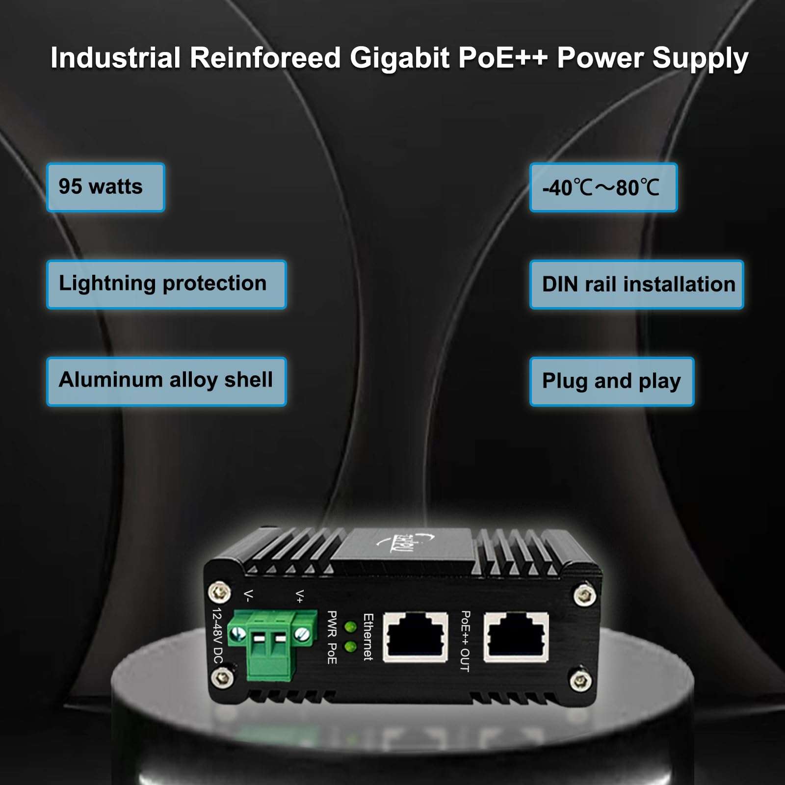Industrial 95W Gigabit PoE++ Injector (IEEE 802.3bt/at) - 12-48VDC Hardened Adapter, DIN/Wall Mount for IP Cameras, Wireless APs, Security Systems & IoT Devices, 10/100/1000Mbps Auto-Sensing 5