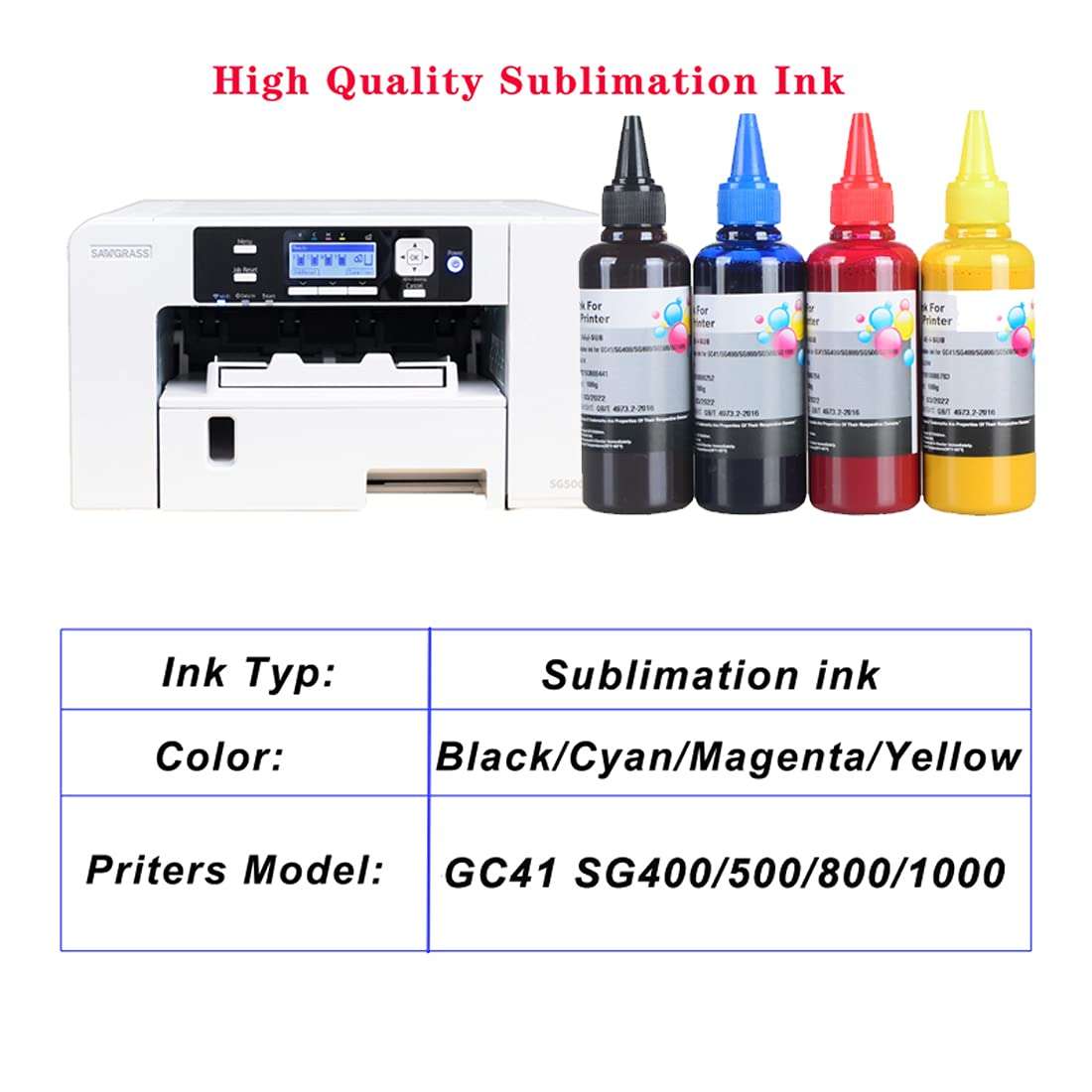 KSI Heat Transfer Printer Ink Sublimation Ink Compatible with SAWGRASS Virtuoso SG400 SG500 SG800 SG1000 and RICOH GC41 GC42 GC51 Printers (Black, Cyan, Magenta, Yellow) 100ML4 PCS 6