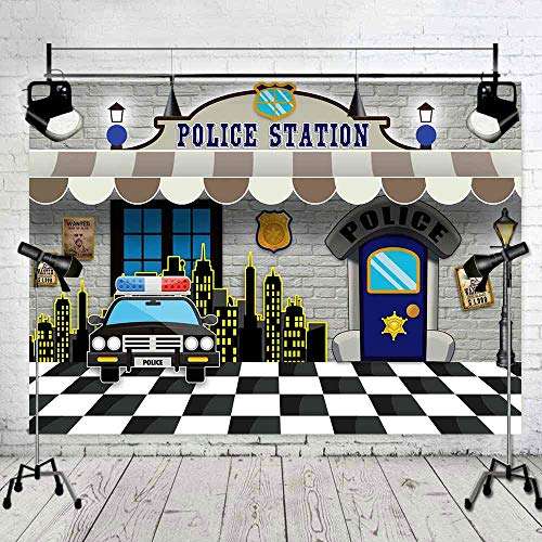 Police Station Backdrop for Party, Police Car City Night Guard Photo Background, Black and White Grid Floor Backdrop, 7x5ft, Police Themed Party Decoration Props, Cake Table Banner LSGE1796 3