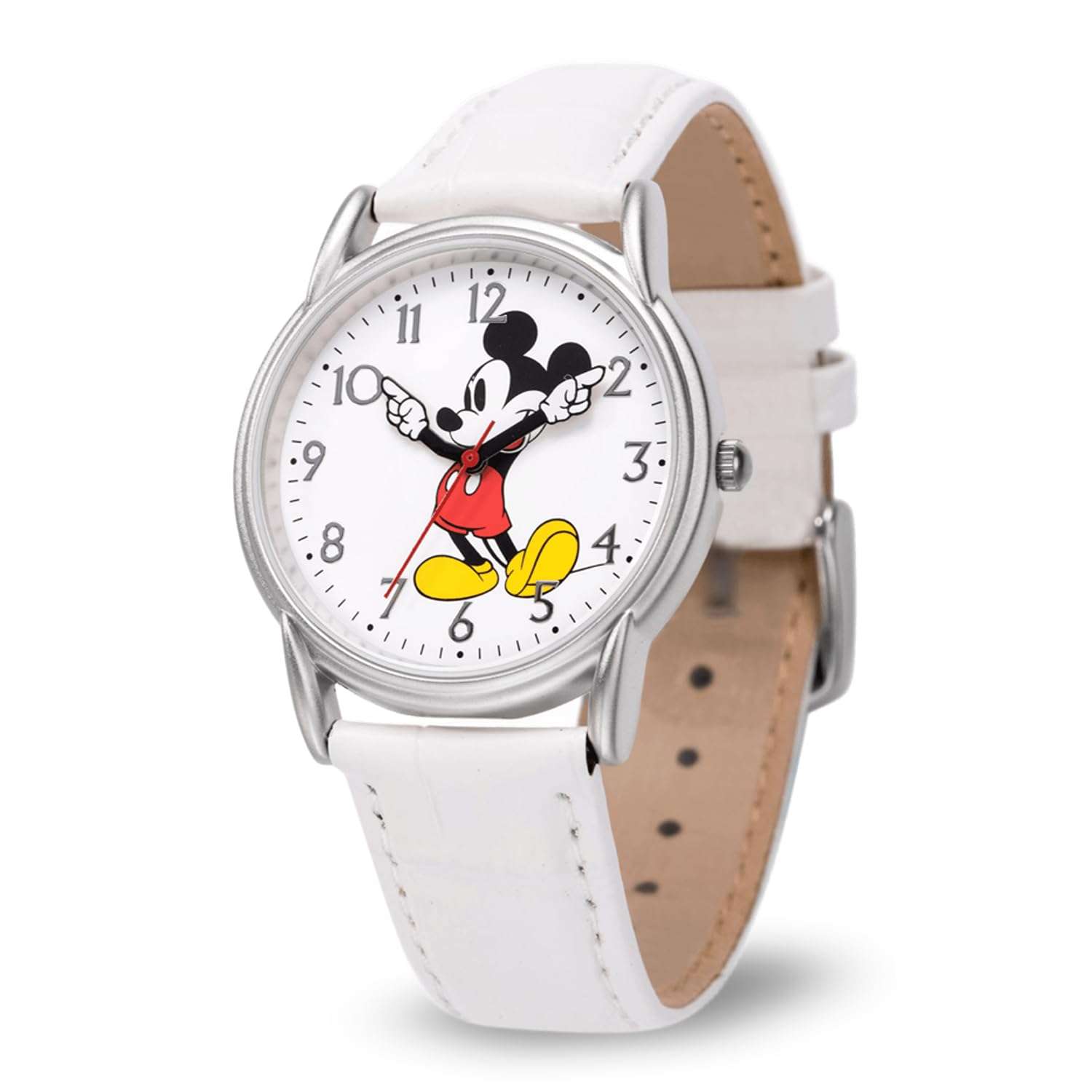 Disney Mickey Watch - Watch for Men - Mickey Mouse Watches for Men - Toys - 90s Mouse - Vintage - 's Articulating Hands - Silver Case - White Leather Strap