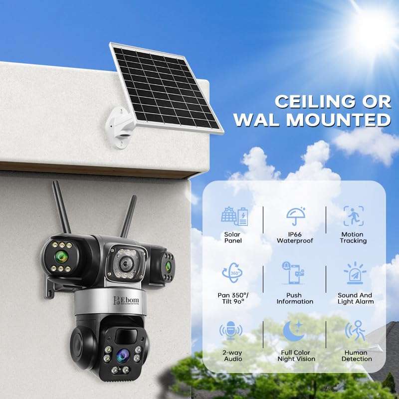 E bom Solar 4G SIM Security Camera for Outdoor Use | 3-Lens CCTV with 3+3+3MP Resolution | 360° Rotating Main Lens & 180° Dual Lens with PIR Motion | Night Vision | 2-Way Talk | Waterproof 6