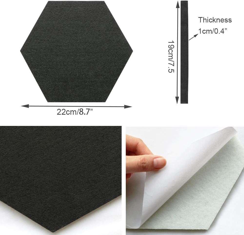 BOSSNUOK Hexagon Felt Bulletin Board, Self-Adhesive Wall Boards with 35 Push Pins, Decorative Felt Message Boards for Notes, Photos, Office & Home Decor, 8Pcs 200×174×6mm (Black) 6