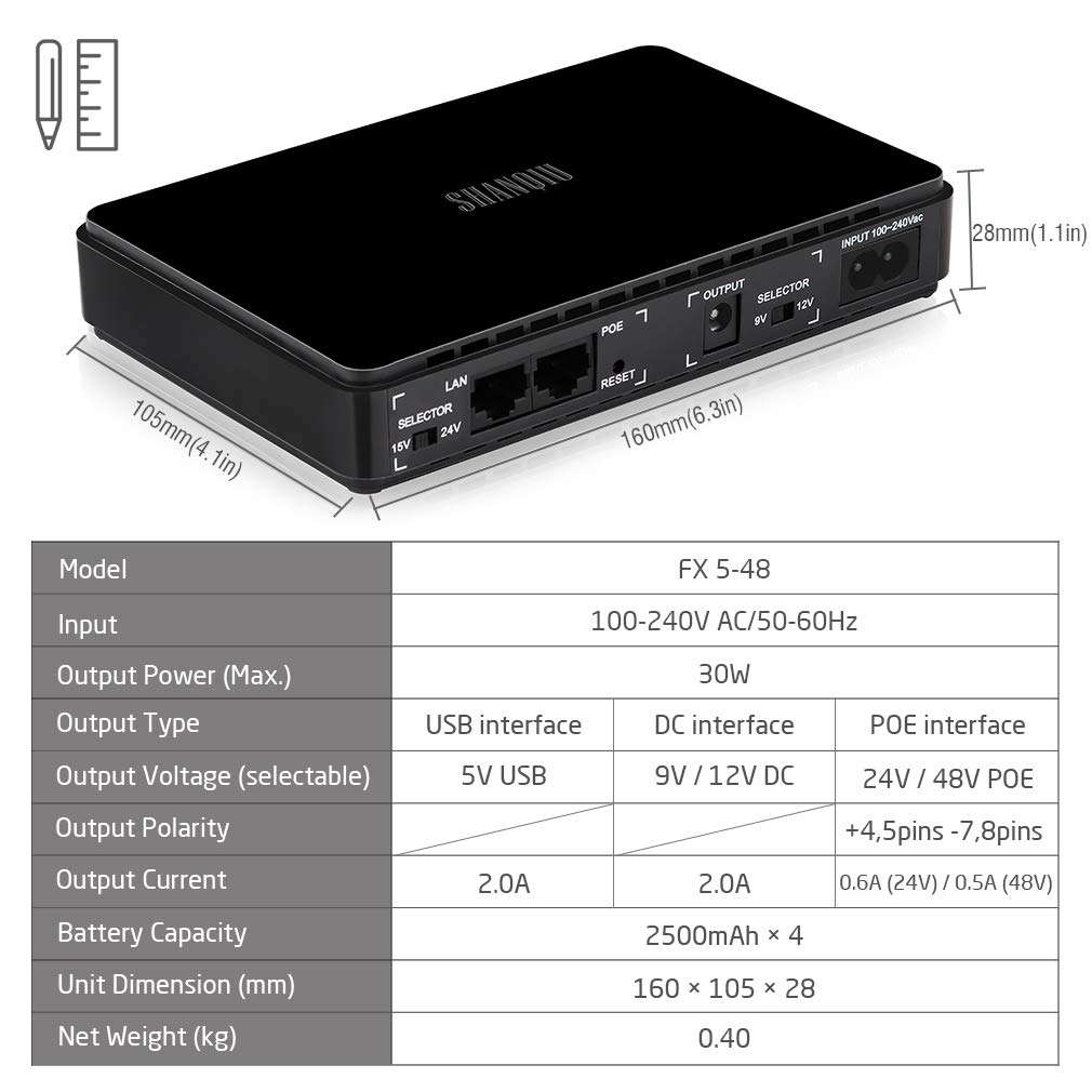 Mini UPS Battery Backup with Gigabit POE for Router, Modem, Security Camera, Input AC Output USB 5V DC 9V/12V DC 24V/48V POE (1000Mbps) 3